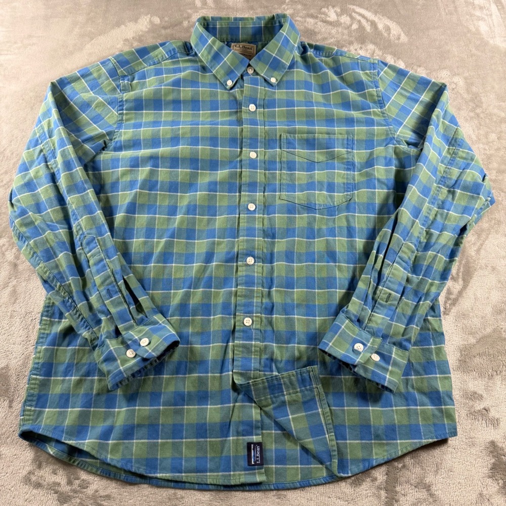 LL Bean Mens Traditional Fit Plaid Button Down Shirt Blue Green Medium 510030